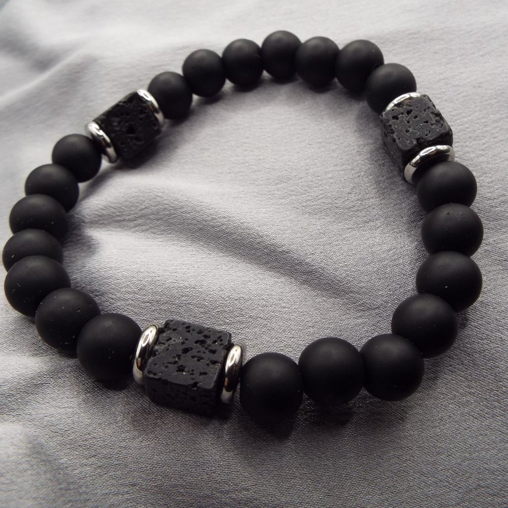 BLACK UNPOLISHED OBSIDIAN BEADS & ROUGH VOLCANIC ROCK BEADS STRETCHY BRACELET 35
